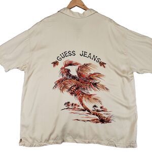 Guess‎ Jeans Palm Tree Asian Tropical Print Rayon Short Sleeve Shirt Mens XL
